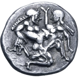 Trakien, Thasos, Stater ca 500-480 f.Kr - Naken satyr med ergegerad penis rövar bort lättklädd nymf med svällande bröst
