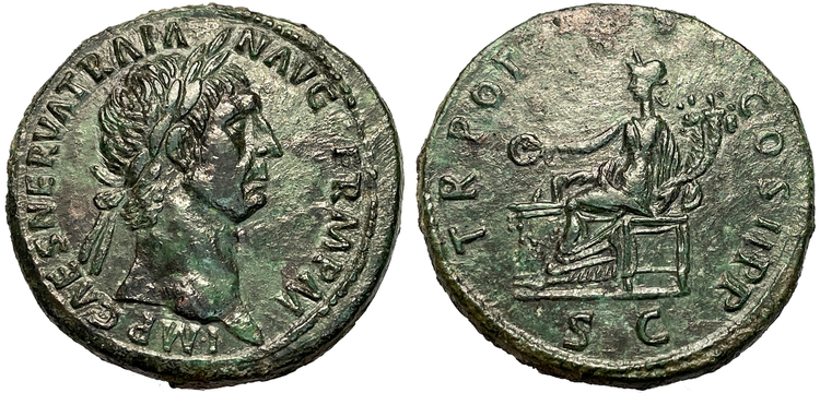 Trajanus 98-117 e.Kr, Sestertie - Praktfullt toppexemplar med full detaljrikedom bevarad