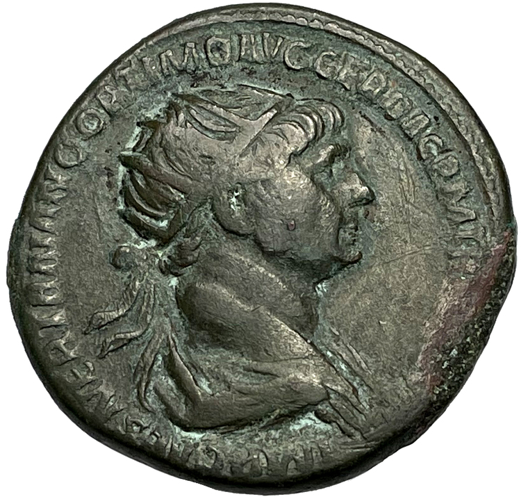 Trajanus 98-117, Dupondius Rom - Tilltalande porträtt