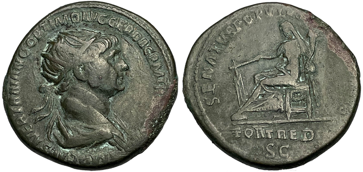 Trajanus 98-117, Dupondius Rom - Tilltalande porträtt