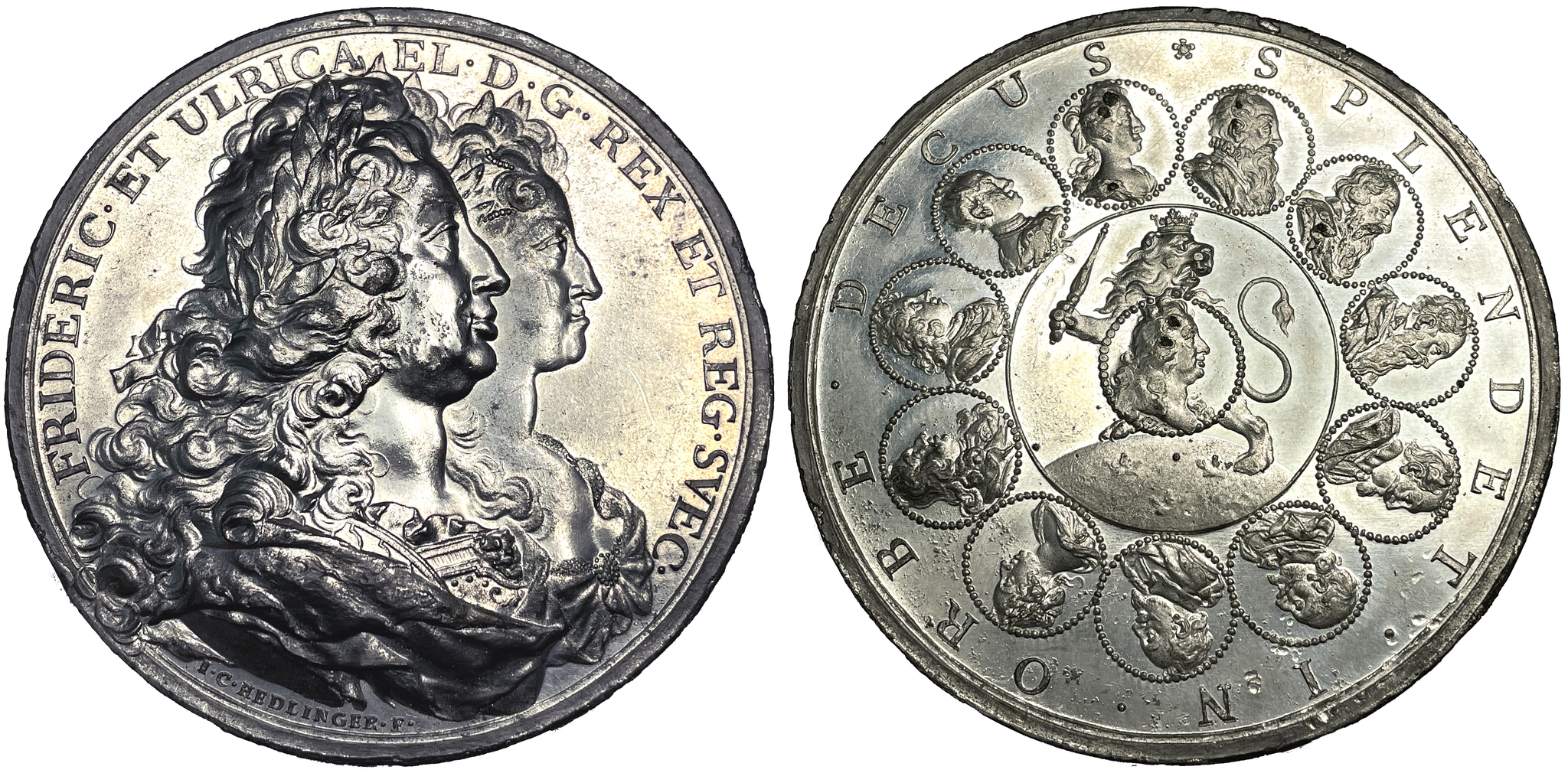 Fredrik I & Ulrika Eleonora Kungahusets ära 1723 av Johann Carl Hedlinger - OCIRKULERAT PRAKTEXEMPLAR - RR