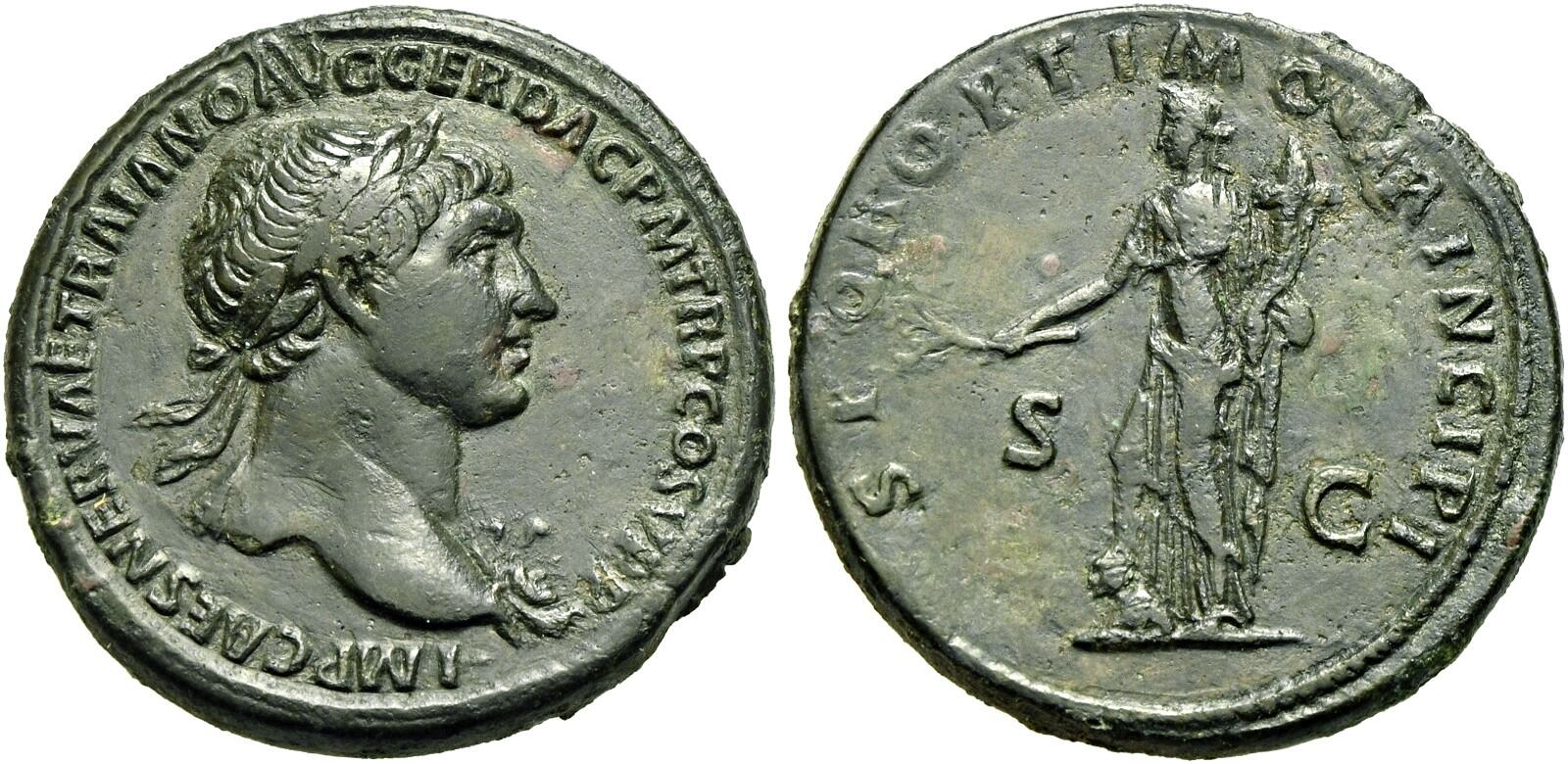 Romerska riket, Trajanus 98-117 e.Kr - Sestertie i vacker kvalitet