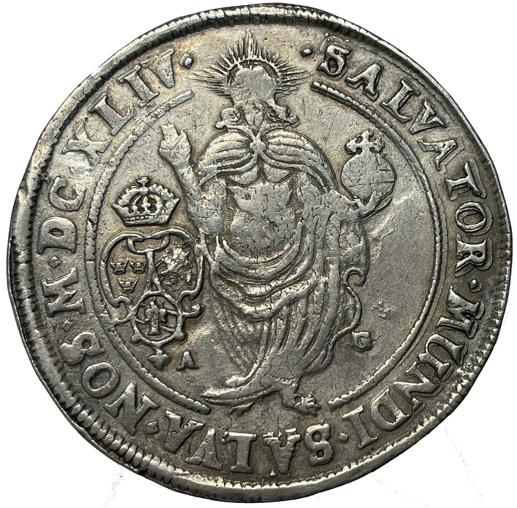 Kristina, Stockholm, Riksdaler 1644 med blomslingor i omskriftens ornament kl 12