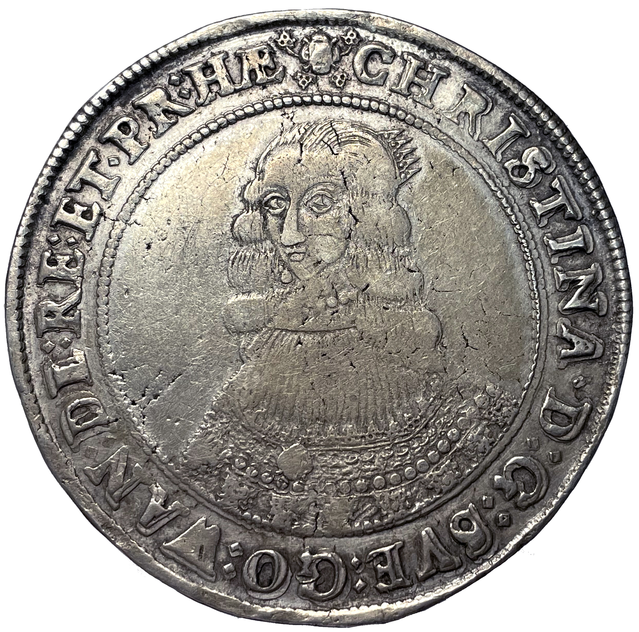 Kristina, Stockholm, Riksdaler 1644 med blomslingor i omskriftens ornament kl 12