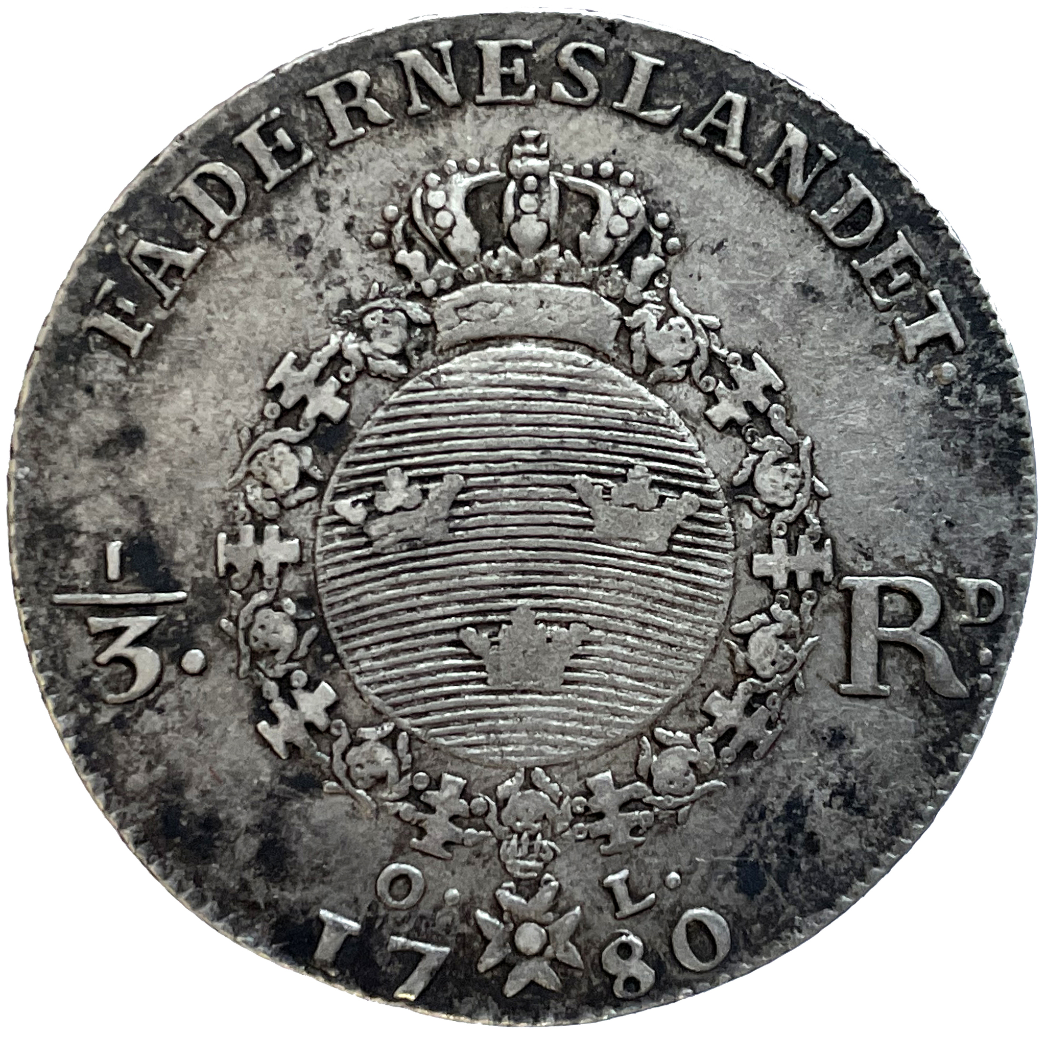 Gustav III, 1/3 Riksdaler 1780 med ompunsad 8:a RAR