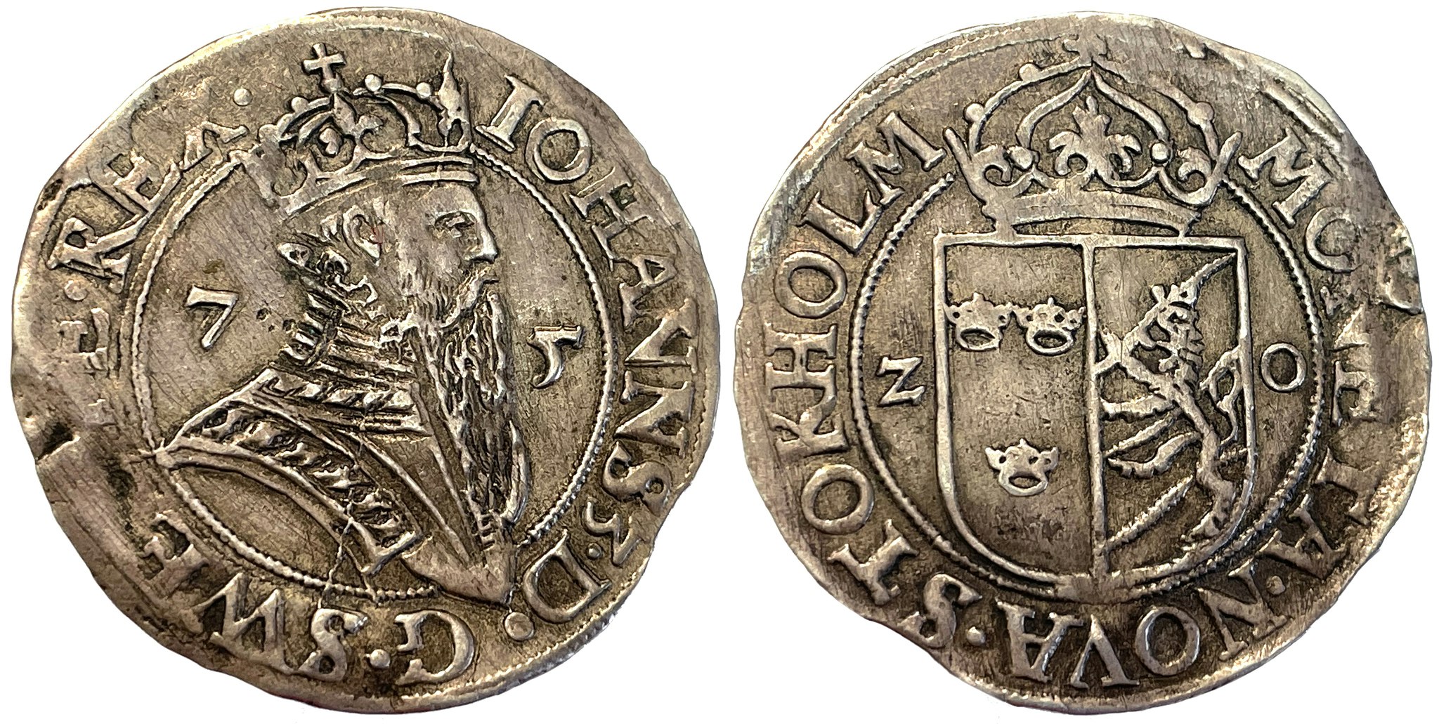 Johan III, 2 Öre 1575 - Sällsynt typmynt med bra porträtt