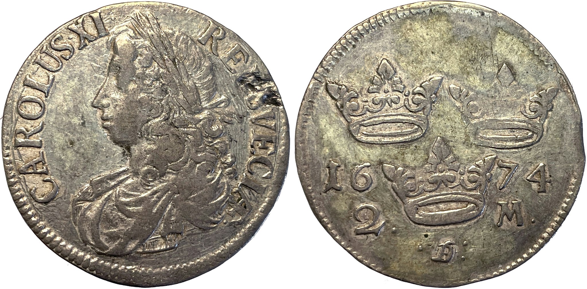 Karl XI, 2 Mark 1674 - Krontyp G4 - Ex. Kihlberg