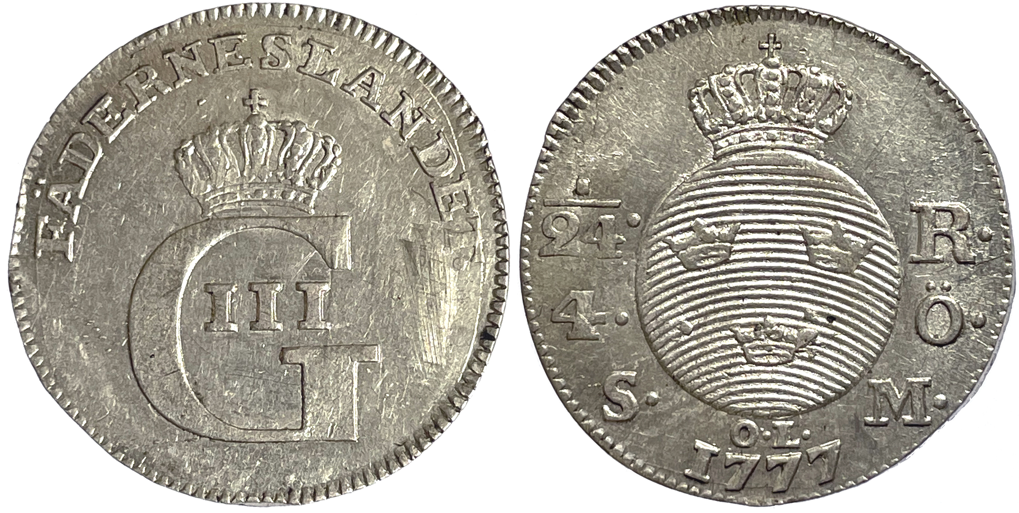 Gustav III, 1/24 Riksdaler - 4 Öre Silvermynt - 1777 - Typmynt - Tilltalande exemplar med lyster