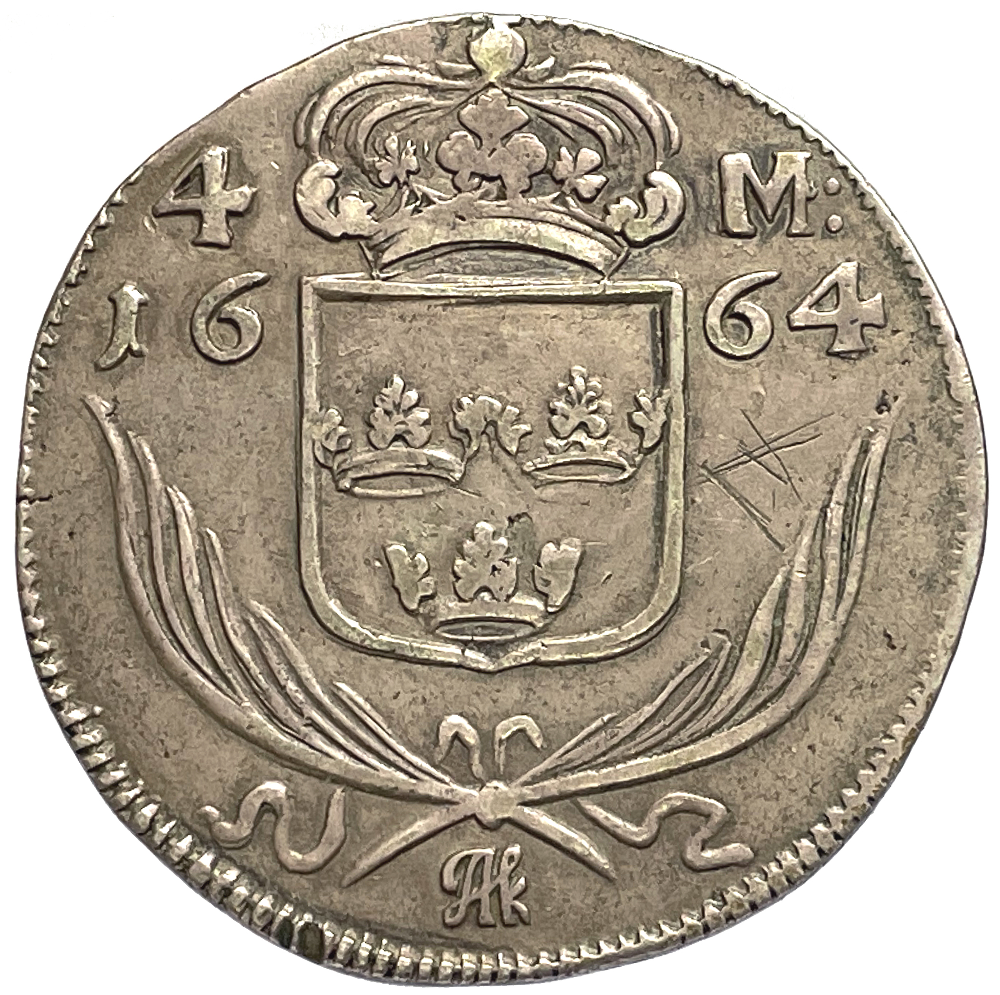 Karl XI - Mycket sällsynt 4 Mark 1664 - Liten kungakrona & krontyp 1 - RRR