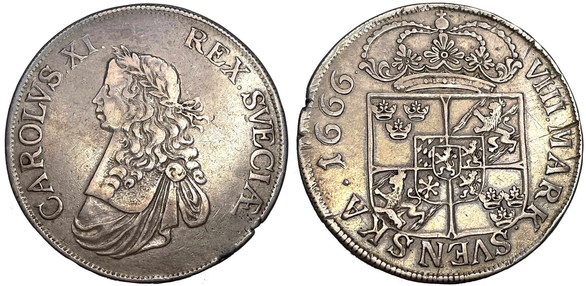 Karl XI 8 Mark 1666 - Mindre bild, delad omskrift, stor krona - RAR - 13 ex i privat ägo