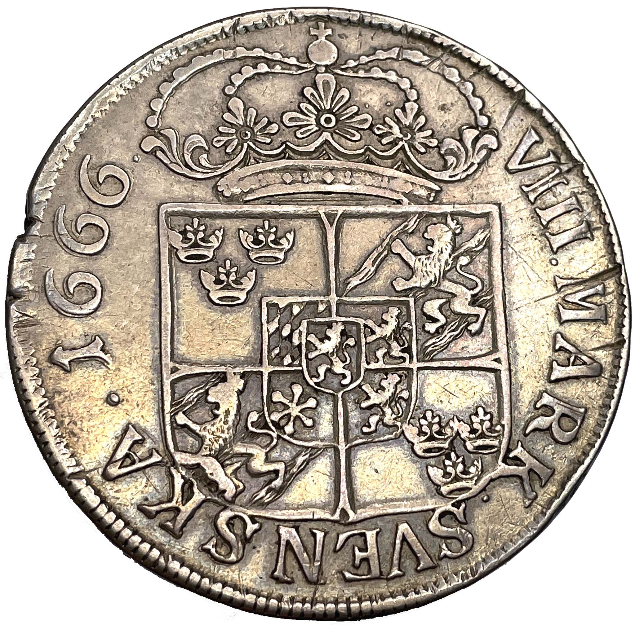 Karl XI 8 Mark 1666 - Mindre bild, delad omskrift, stor krona - RAR - 13 ex i privat ägo