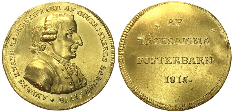 Sverige, Gustav III, UNIK Guldmedalj i 5 dukaters vikt över Anders Hansson Knape 1720–1786, graverad av C Enhörning 1815