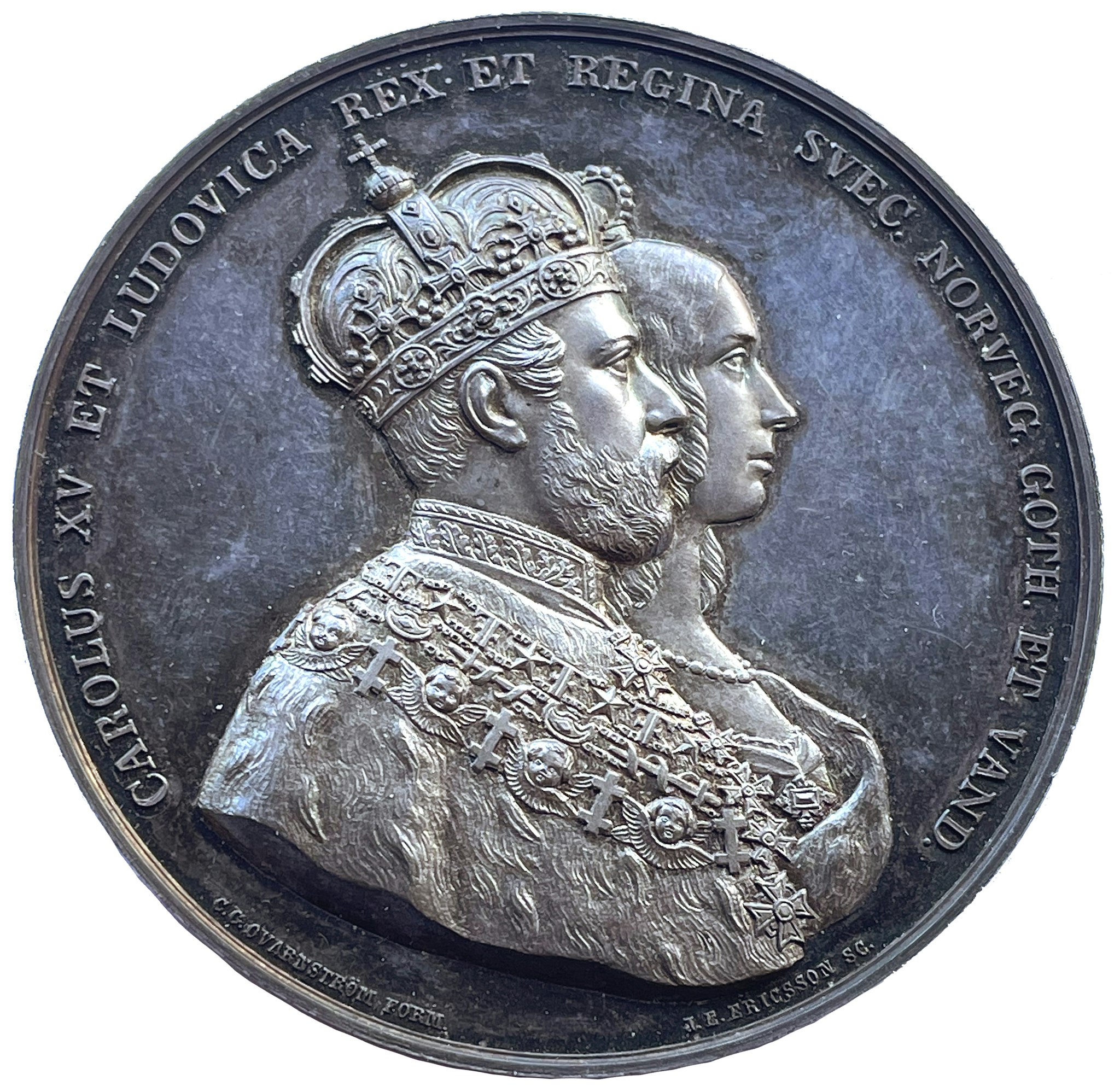 Karl XV och Lovisas kröning 3 maj 1860 - Ett ocirkulerat praktexemplar med frostad relief och djupt spegelglänasande fält av Ericsson