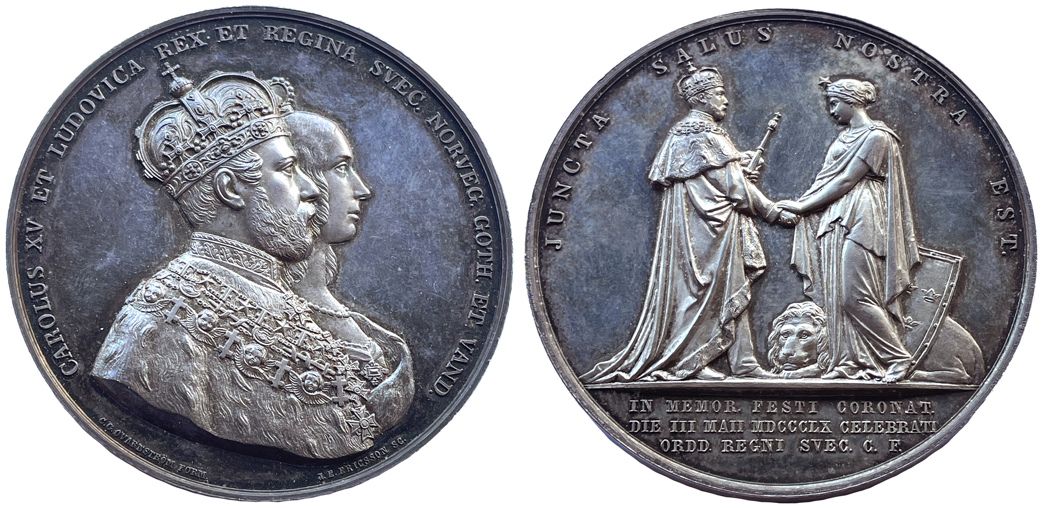 Karl XV och Lovisas kröning 3 maj 1860 - Ett ocirkulerat praktexemplar med frostad relief och djupt spegelglänasande fält av Ericsson