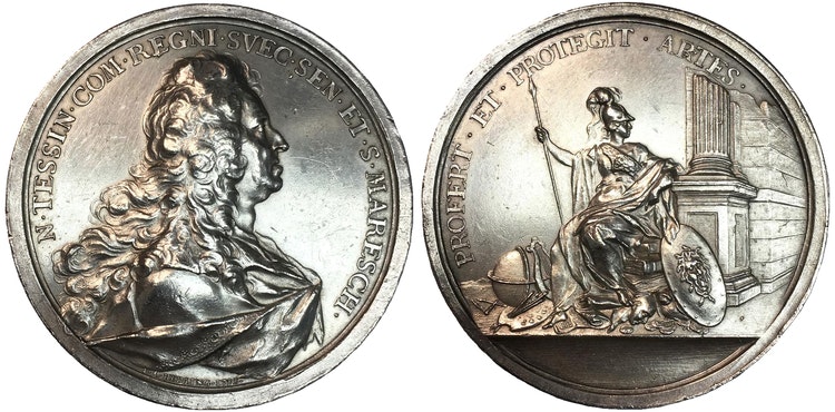 Fredrik I - Nikodemus Tessin d.y. Silvermedalj 1728 - av J.C. Hedlinger