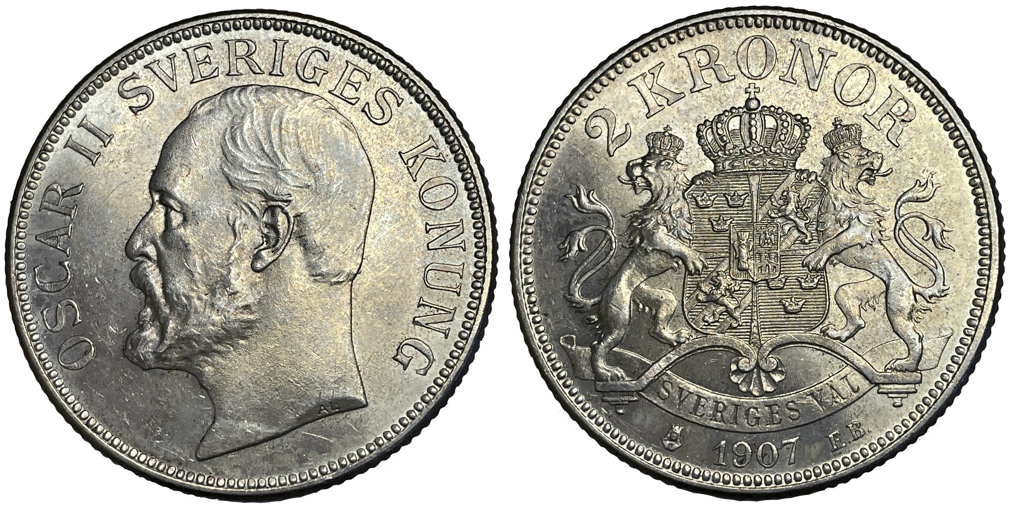 Oskar II, 2 Kronor 1907 - Vackert exemplar