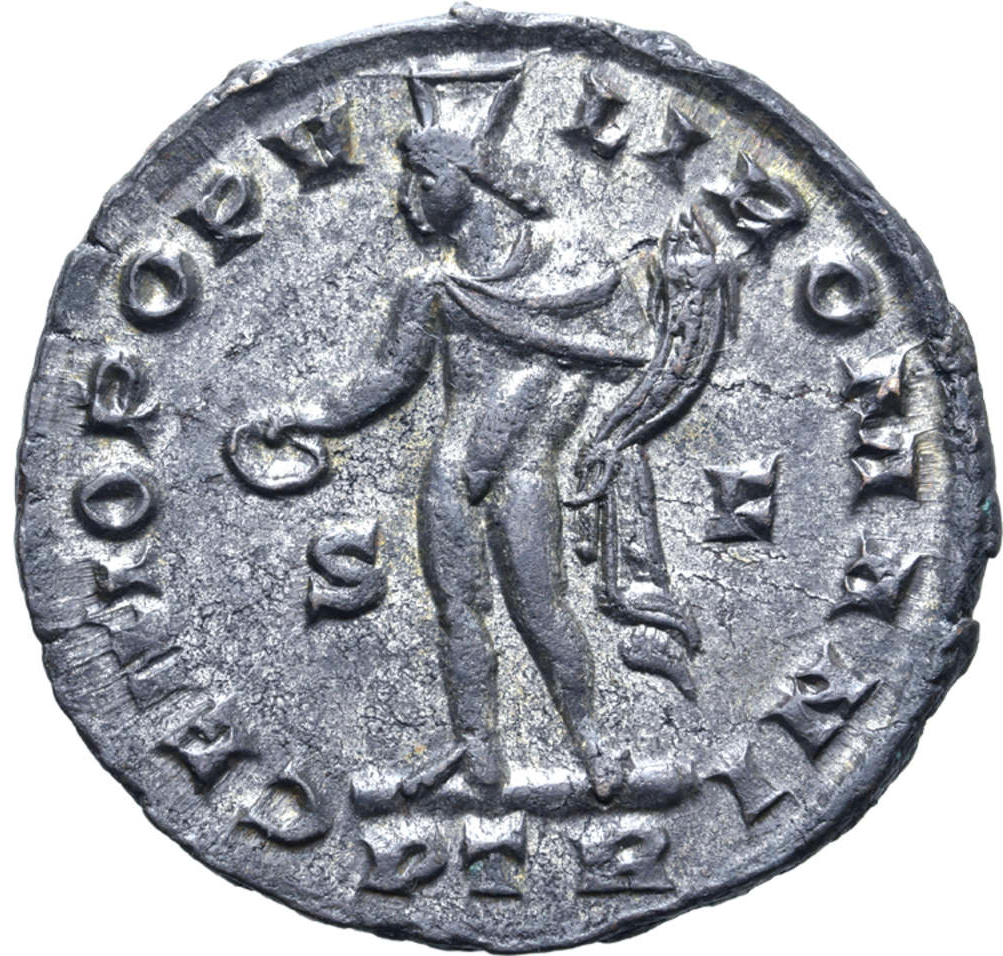 Konstantin den store som Caesar, Treveri 303-305 e.Kr. Skarp och silvrig Follis från Raucebyskatten