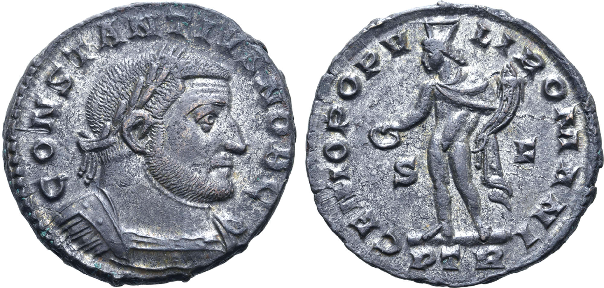 Konstantin den store som Caesar, Treveri 303-305 e.Kr. Skarp och silvrig Follis från Raucebyskatten