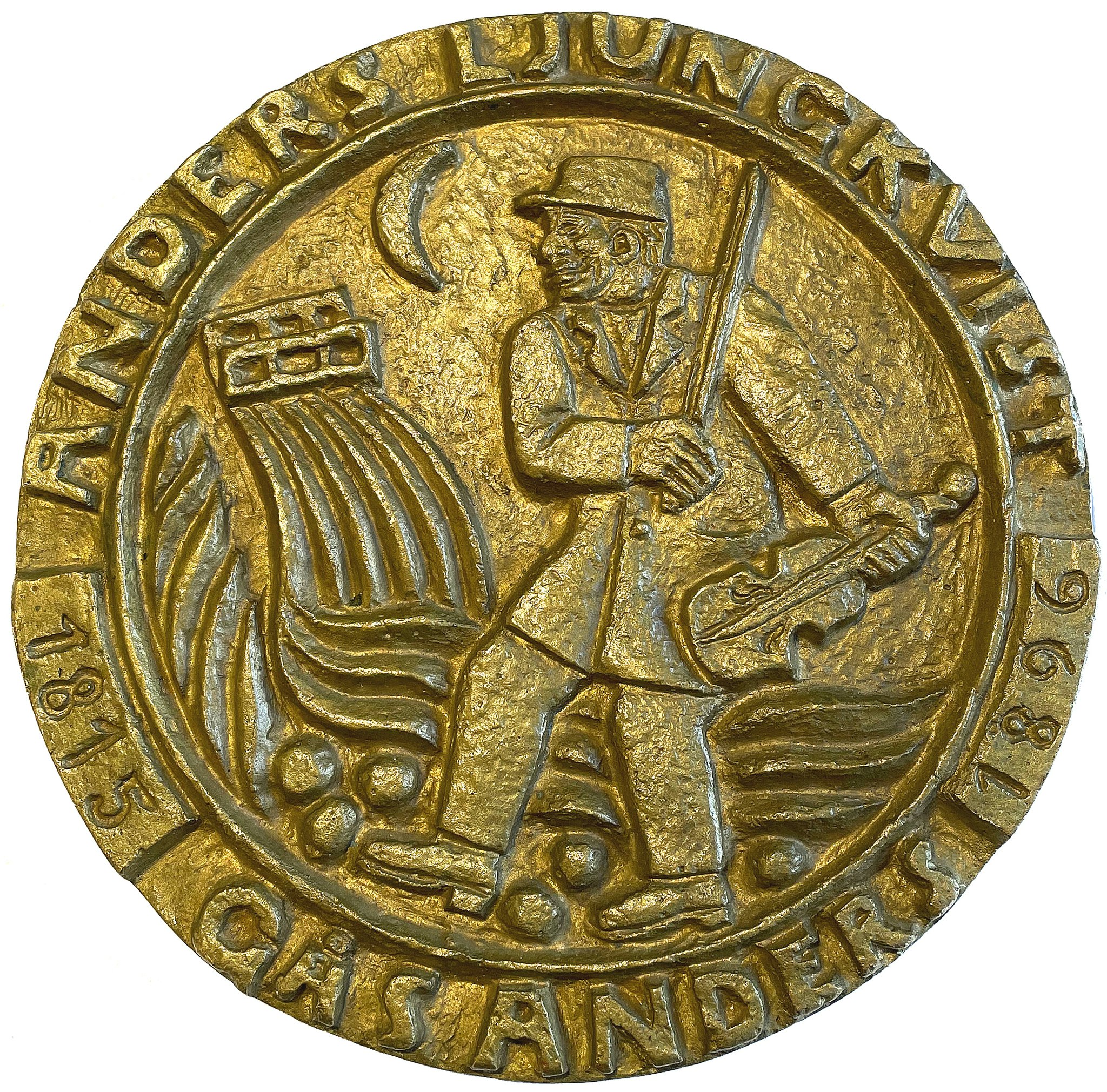 Bror Hjorth - Förgylld gjuten bronsmedalj, ca 2500g, 173mm, gjuten i ca fem exemplar efter originalgipsmodellen - RRR