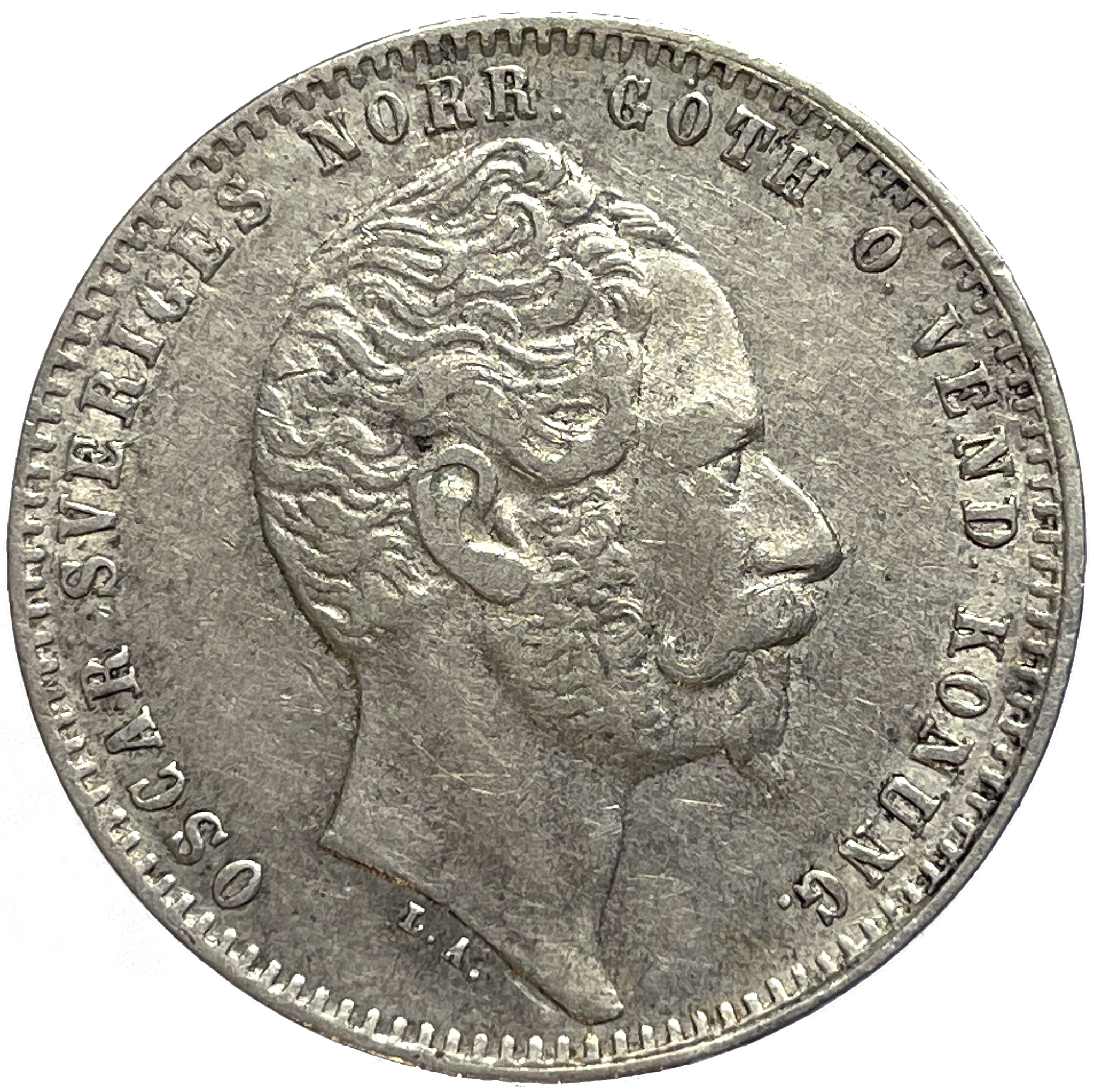 Oskar I - 1 Riksdaler riksmynt 1857 med kortare hakskägg