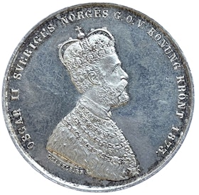 Oskar II - Minnespenning till konungens kröning 1873 med frostad relief