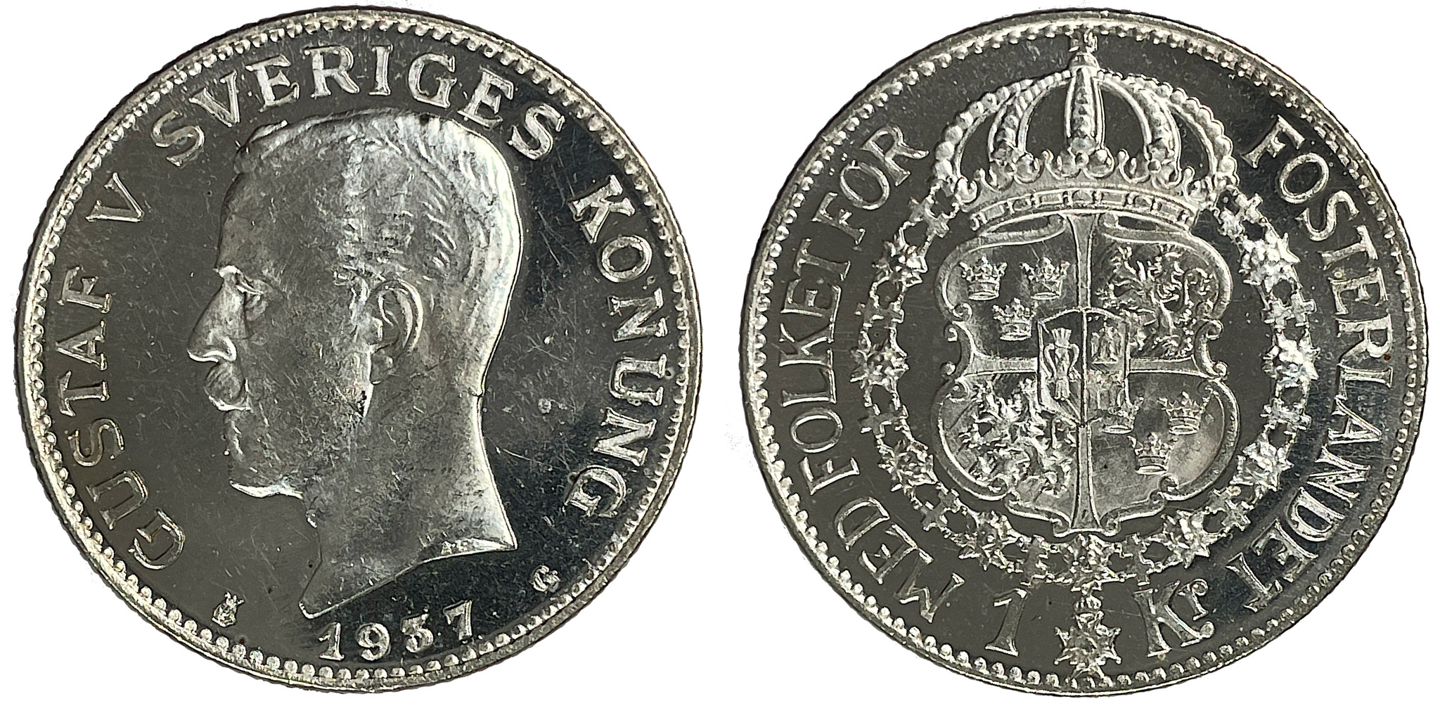Gustav V, 1 Krona 1937 - Djup spegelkaraktär