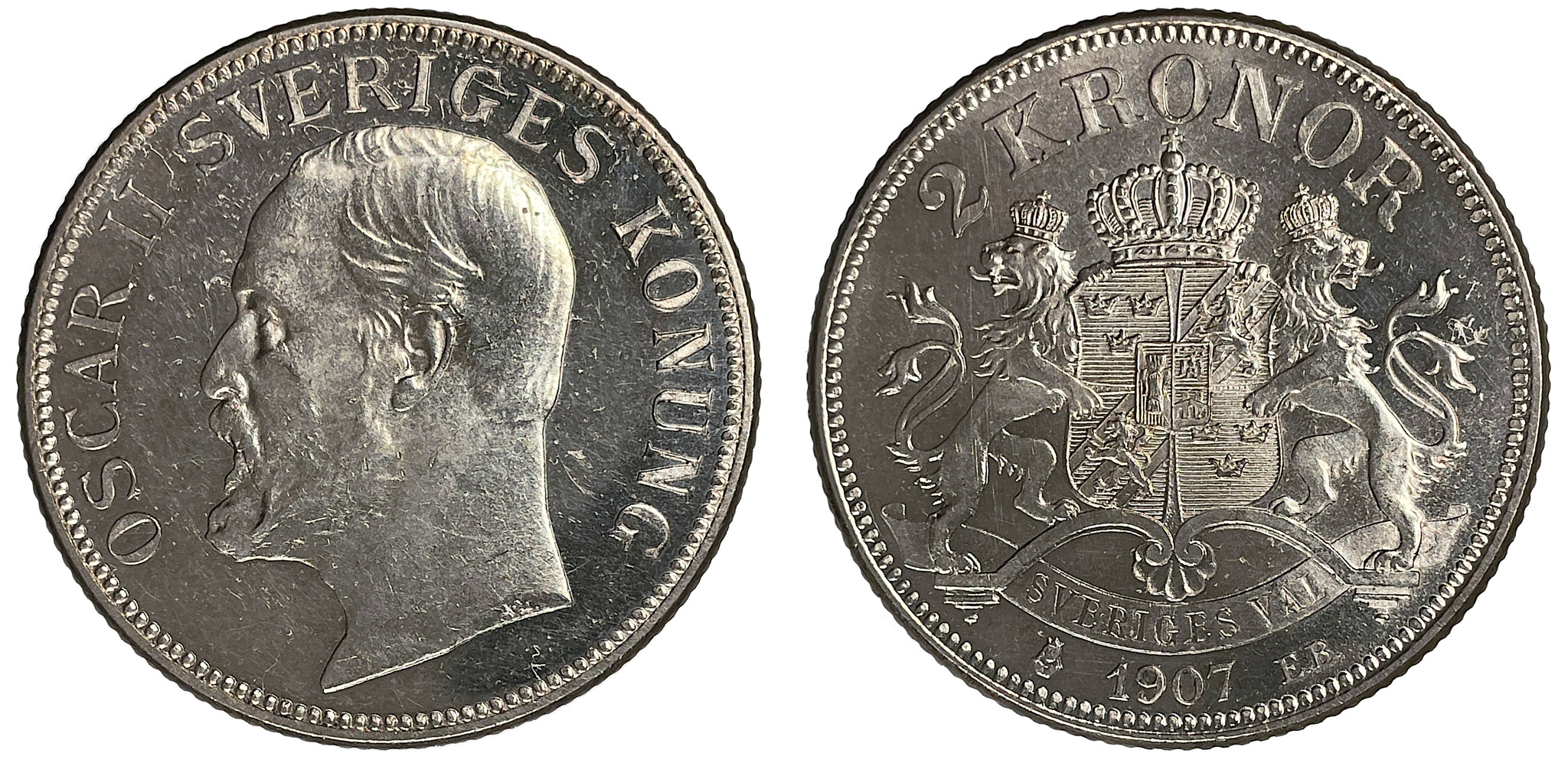 Oskar II, 2 Kronor 1907 med spegelkaraktär - Ett vackert exemplar