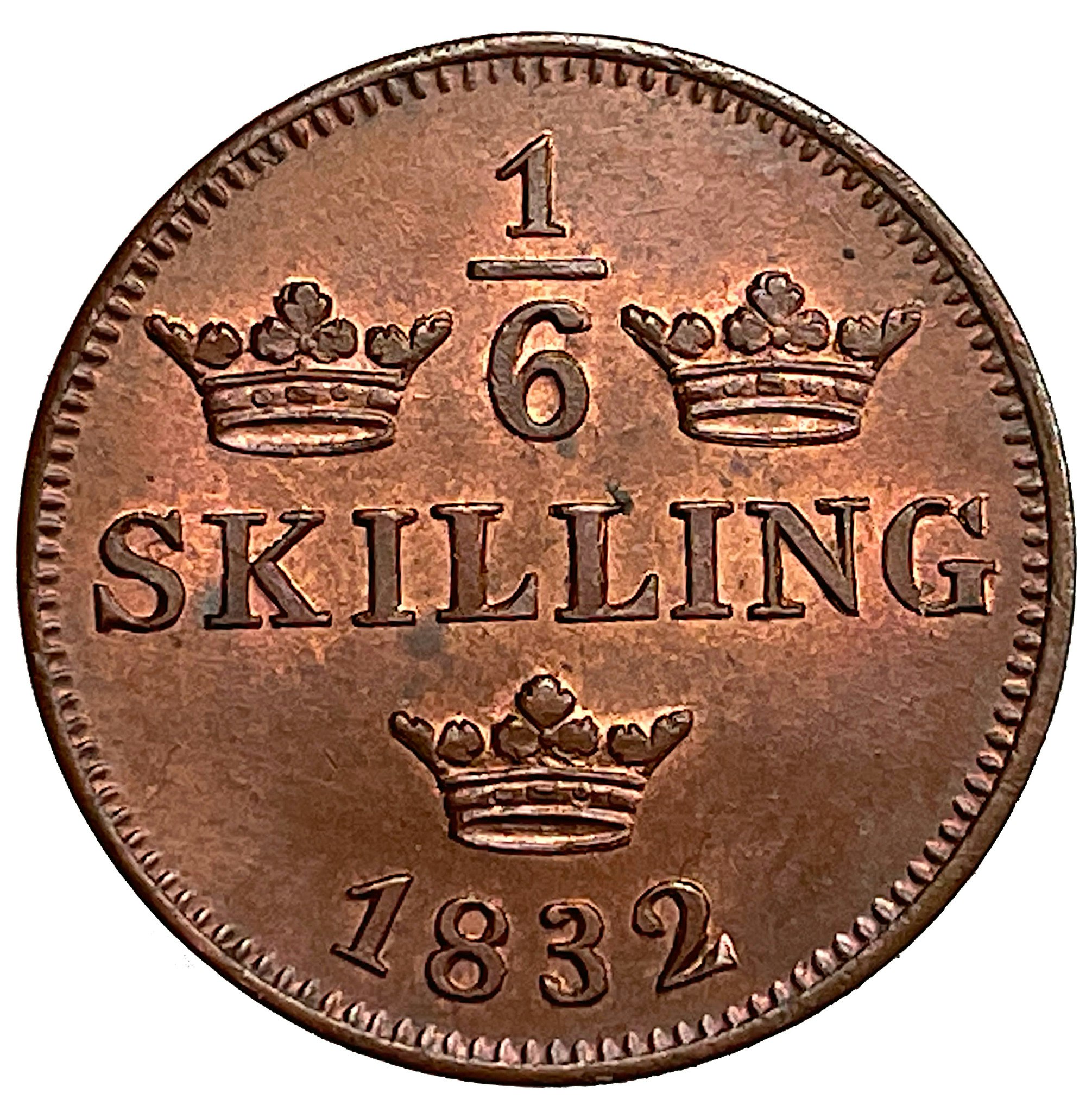 Karl XIV Johan - 1/6 Skilling 1832 - Palmkvist - Utan mantel - Vackert rött exemplar