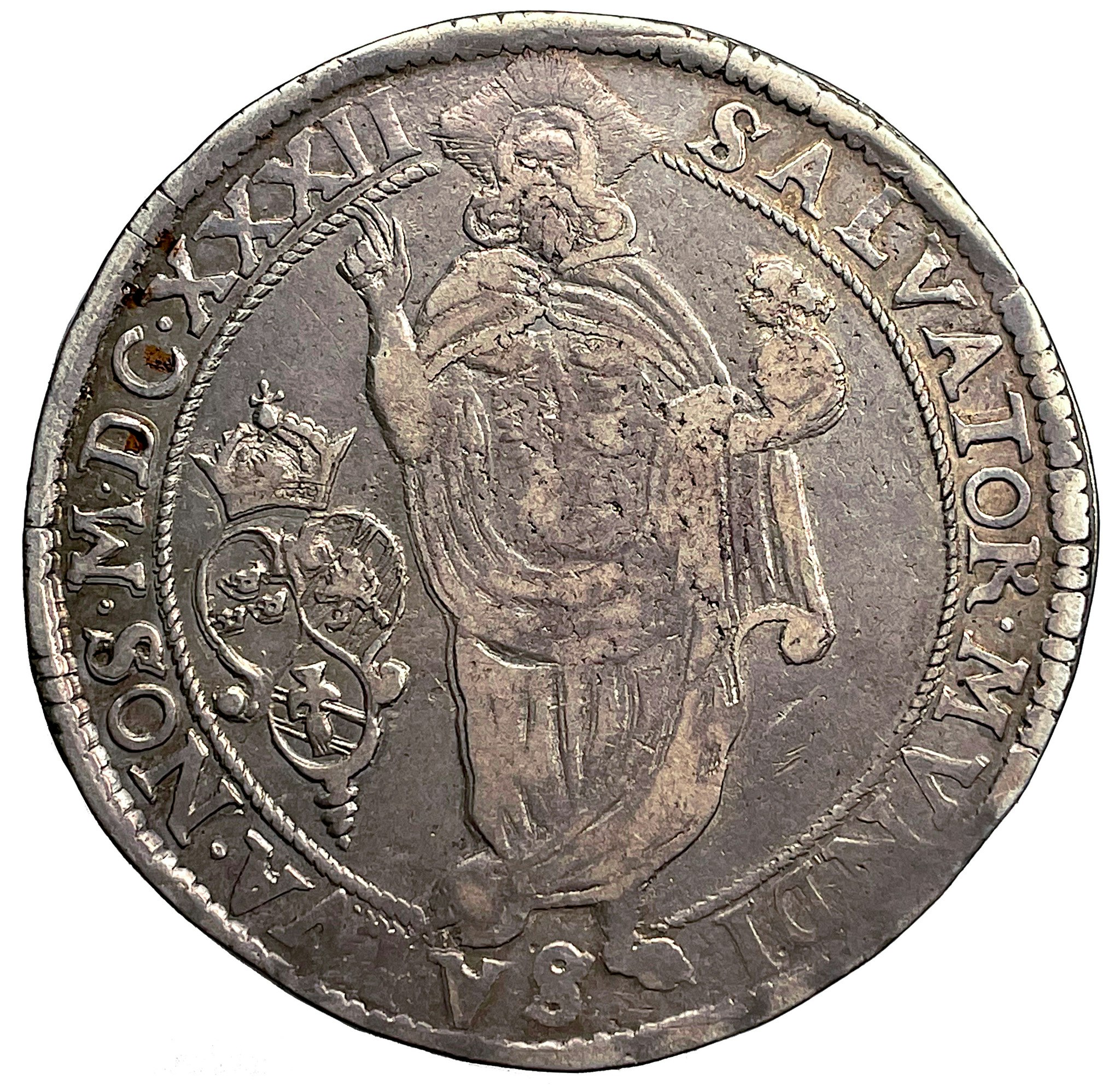 Gustav II Adolf - Riksdaler 1632 med felvända kronor i vapenskölden