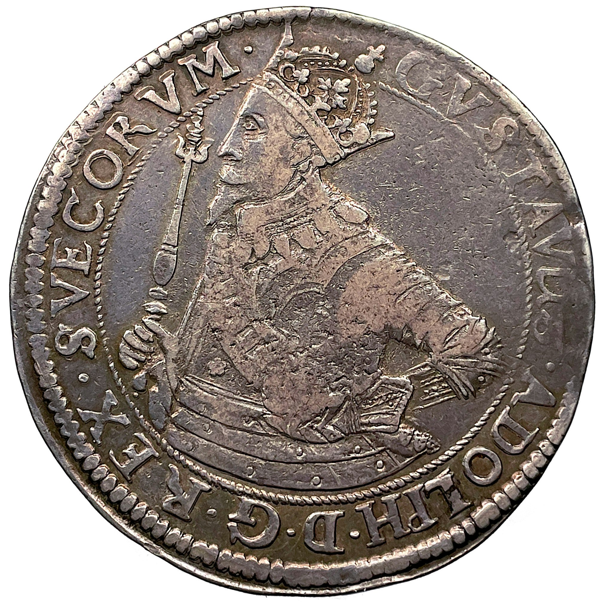 Gustav II Adolf - Riksdaler 1632 med felvända kronor i vapenskölden