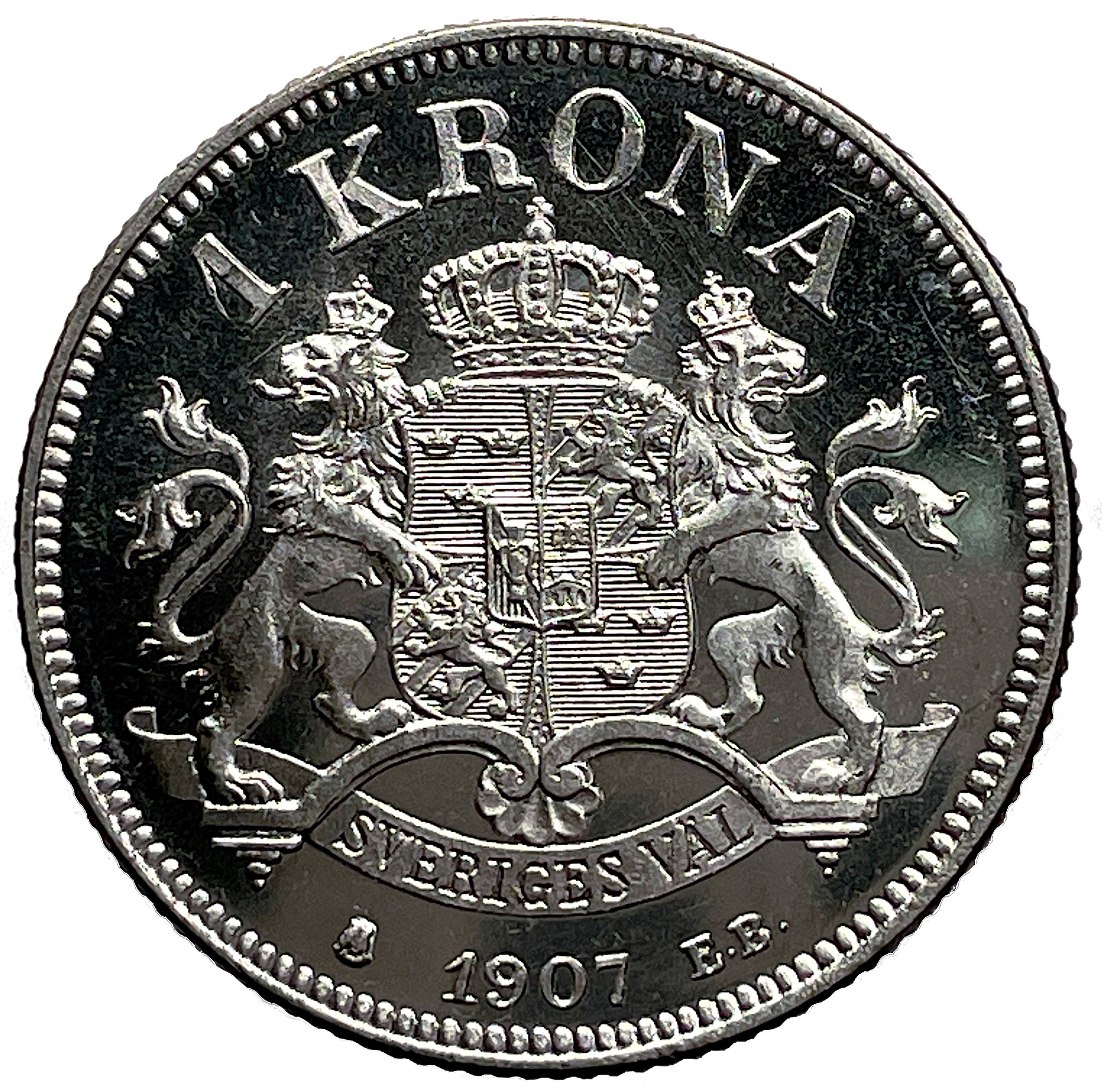 Oskar II - 1 krona 1907 - Ett underbart exemplar med frostaktig relief och djupt glänsande fält med spegelkaraktär