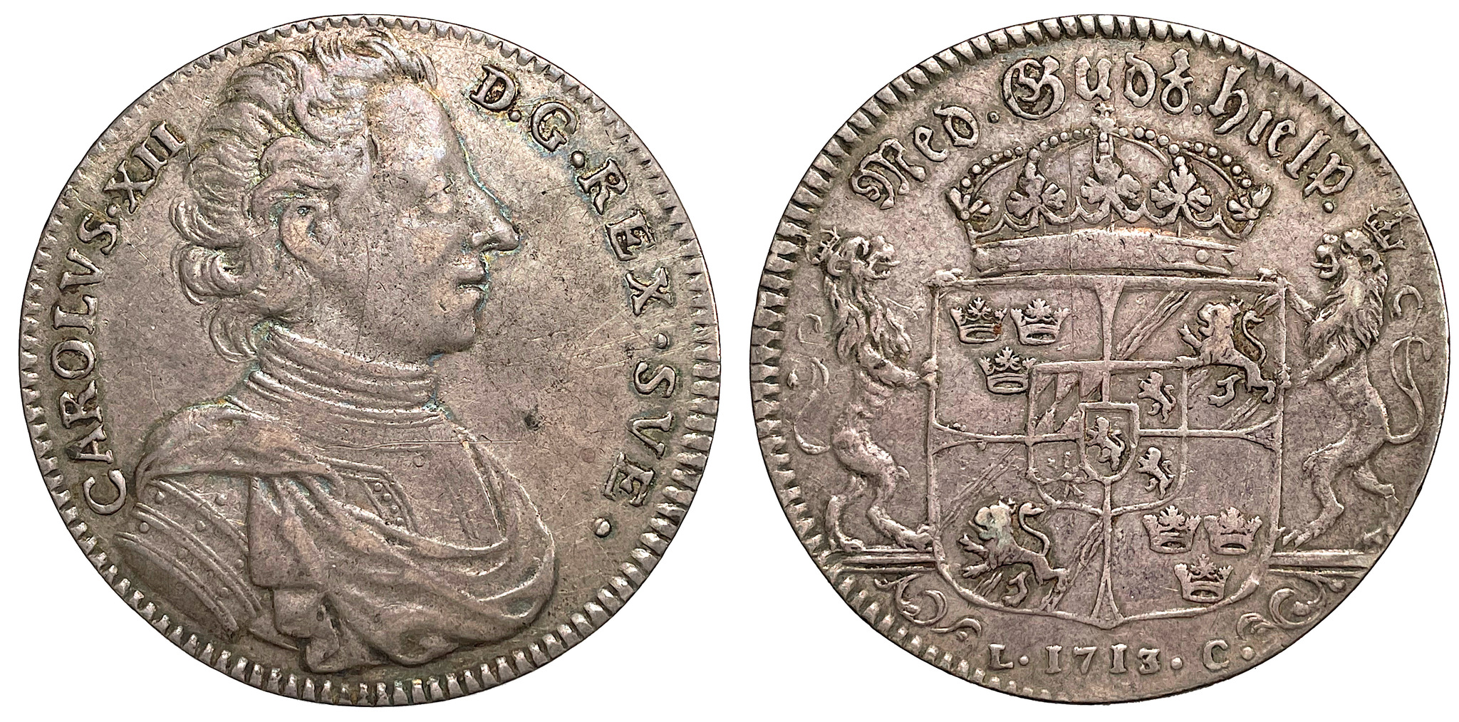 Karl XII, Riksdaler 1713 - Riksvapen med smal krona och smalare lejon