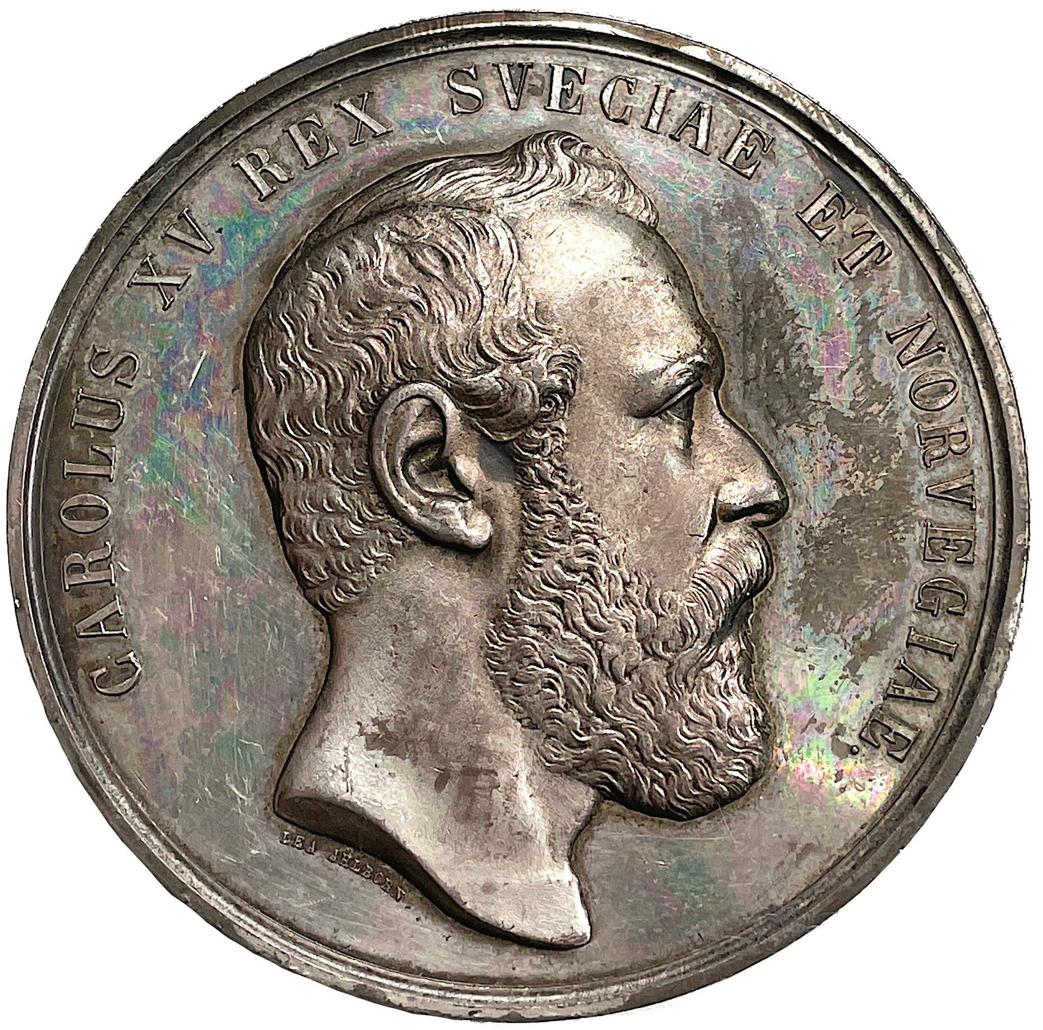 Sverige, Karl XV - Konungens död 1872 - En vacker och pampig silvermedalj av Lea Ahlborn