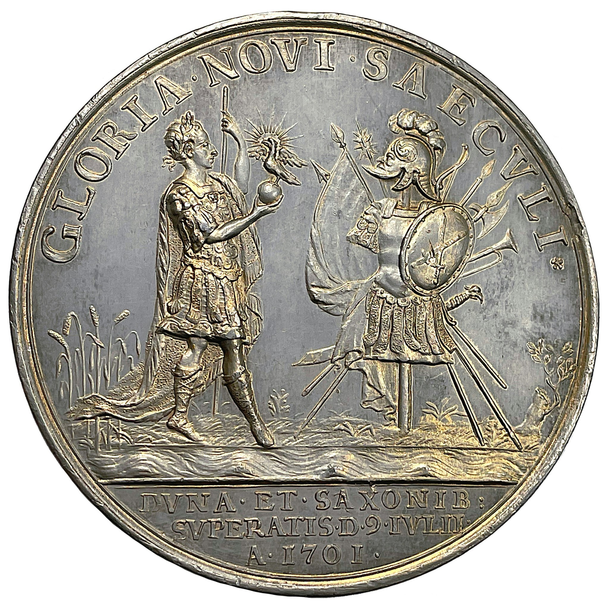 Karl XII går med sin här över Dünafloden och besegrar konung Augusts armé nära Riga den 9 juli 1701 - Mycket sällsynt och vackert toppexemplar av Carl Gustaf Hartman