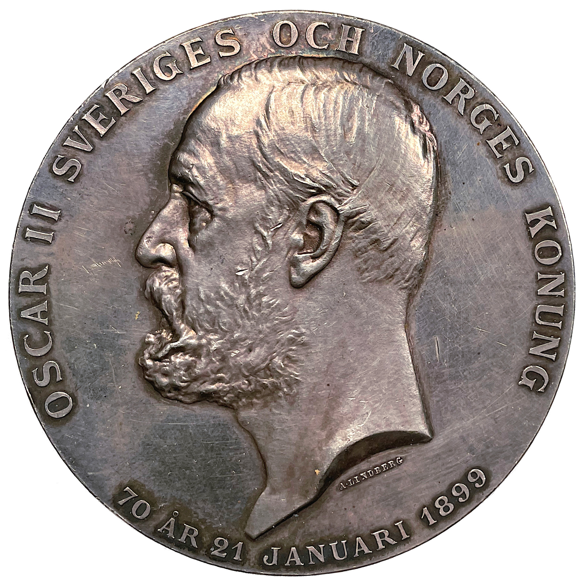 Oskar II 70 år den 21 januari 1899 - Den så kallade "Kalendermedaljen" i silver - Mycket sällsynt av Adolf Lindberg