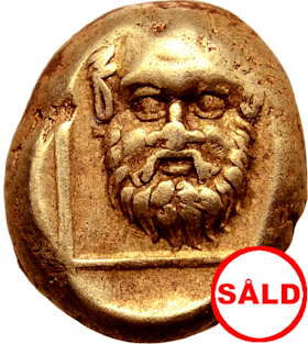 Lesbos, Mytilene, Hekte, guld, ca 375-325 f.Kr. - Guden Silenos ansikte