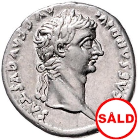 Romerska riket, Tiberius 14-37 e.Kr, Denar på stor plants i fin stil