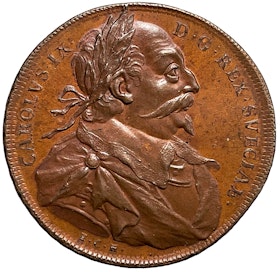 Hedlingers regentlängd - Karl IX av Johann Carl Hedlinger präglad på myntämne till 1 Öre SM med rutad rand