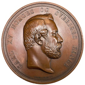 Karl XV - Den internationala Fiskeriutställningen i  Bergen 1865 av Dubois - Den största medaljen - 81mm & 288g