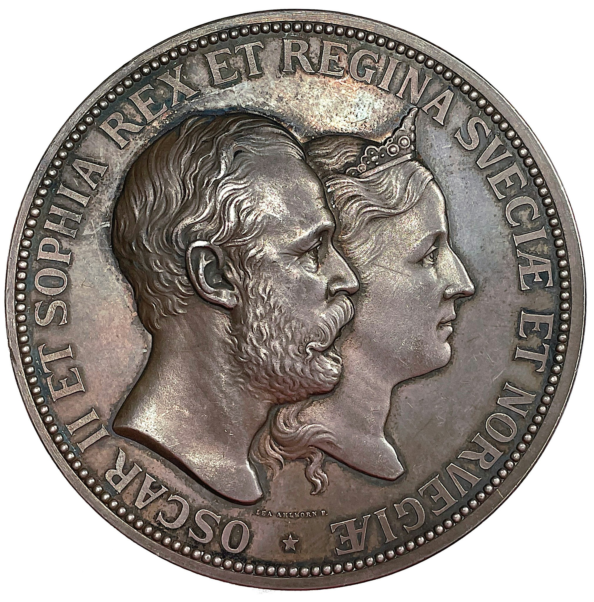 Oskar II och Sophia, Silverbröllopet 1857-1882 - Underbar och mycket sällsynt massiv silvermedalj av Lea Ahlborn