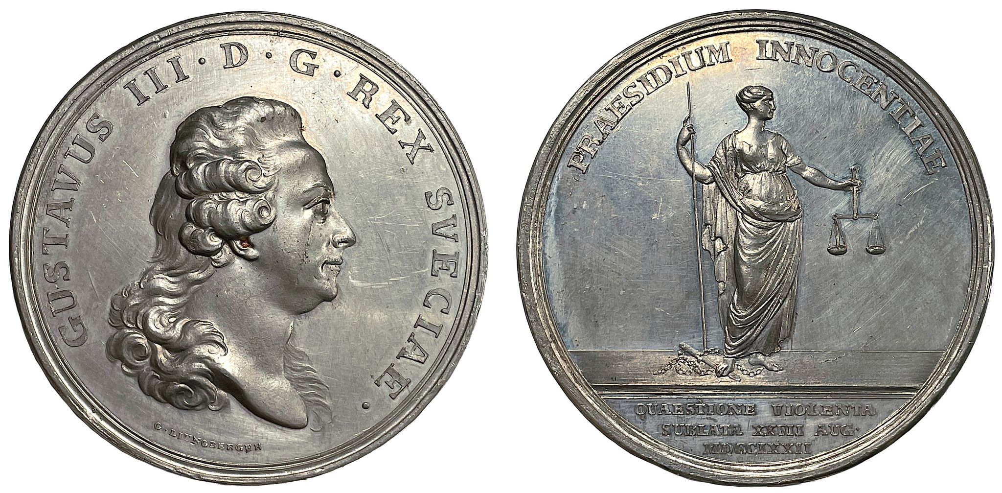 Gustav III avskaffar tortyren den 27 augusti 1772, åtsida av Gustaf Ljungberger, frånsida av Carl Gustaf Fehrman - Extremt sällsynt - RRR