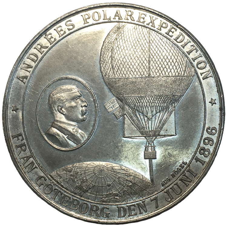 En historisk mycket intressant minnesmedalj över Andrées polarexpedition 1897 graverad av Högel