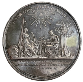 Karl XIV Johan, Konungens 25-åriga regeringsjubileum den 5 feb 1843 av Mauritz Frumerie - Massiv silvermedalj - Mycket sällsynt RR