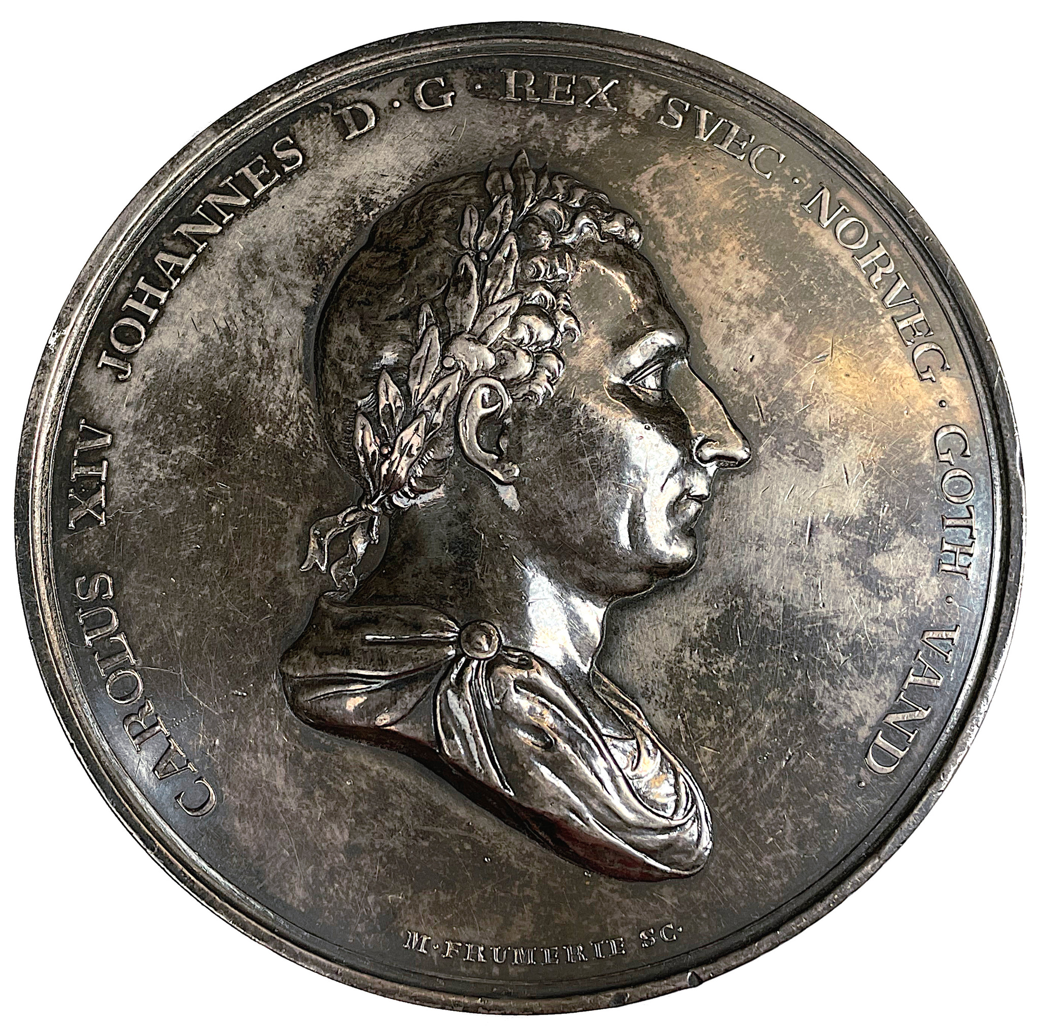 Karl XIV Johan, Konungens 25-åriga regeringsjubileum den 5 feb 1843 av Mauritz Frumerie - Massiv silvermedalj - Mycket sällsynt RR