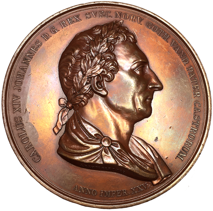 Karl XIV Johan, Konungens 25-åriga regeringsjubileum den 5 feb 1843 - Megalitisk medalj (82.5mm) av Ludvig Persson Lundgren