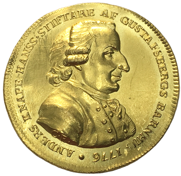 Gustav III, UNIK Guldmedalj i 5 dukaters vikt över Anders Hansson Knape 1720–1786, graverad av C Enhörning 1815