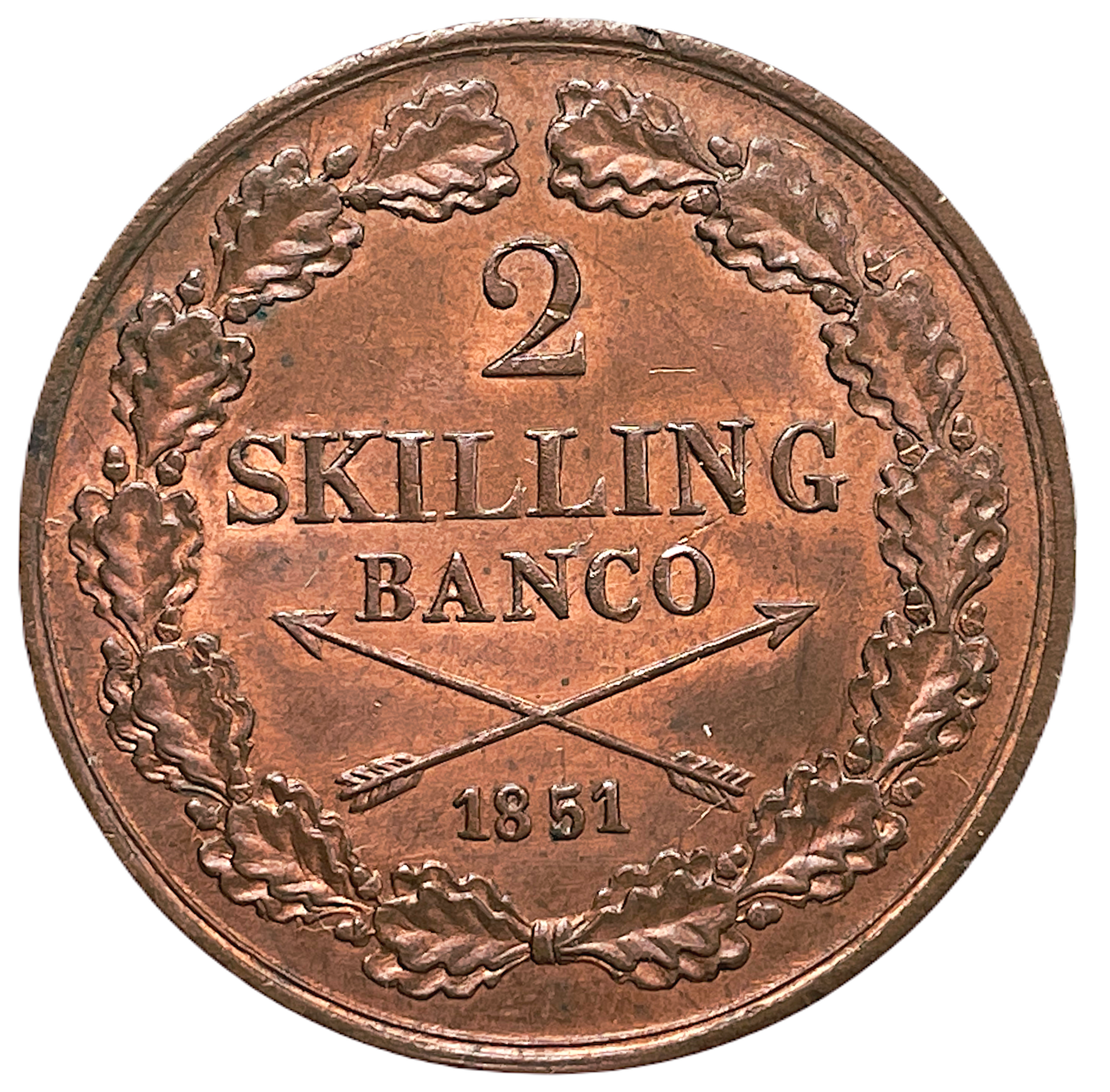 Oskar I - 2 Skilling Banco 1851 - Vackert rött ocirkulerat exemplar