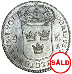 Karl XII 1697-1718, 4 Mark 1701 i silver - LÄCKER KVALITET