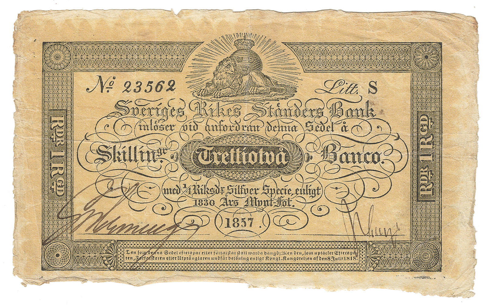Bancosedlar av färgat papper - 32 skillingar banco 1857