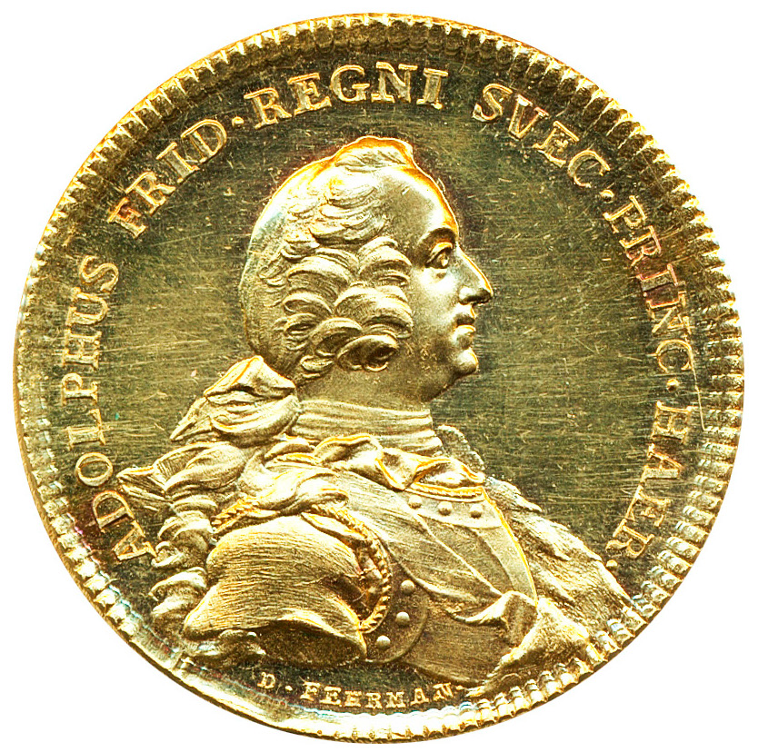 Tronföljaren Adolf Fredriks ankomst till Sverige den 25 september 1743 av Daniel Fehrman - UNIK guldmedalj med bästa tänkbara proveniens - Ex. Kungliga gåvan 1780
